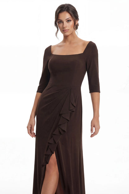Elegant Sheath Square Neck Ruffled Chocolate Brown Mother of the Bride Dress