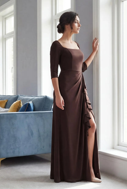 Elegant Sheath Square Neck Ruffled Chocolate Brown Mother of the Bride Dress