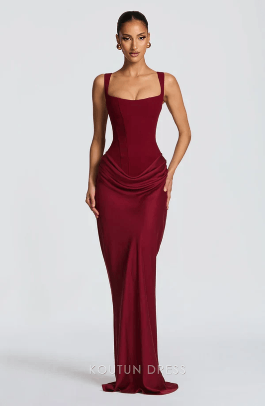 Elegant Sheath Square Neck Sleeveless Corset Draped Burgundy Floor-Length Prom Dress