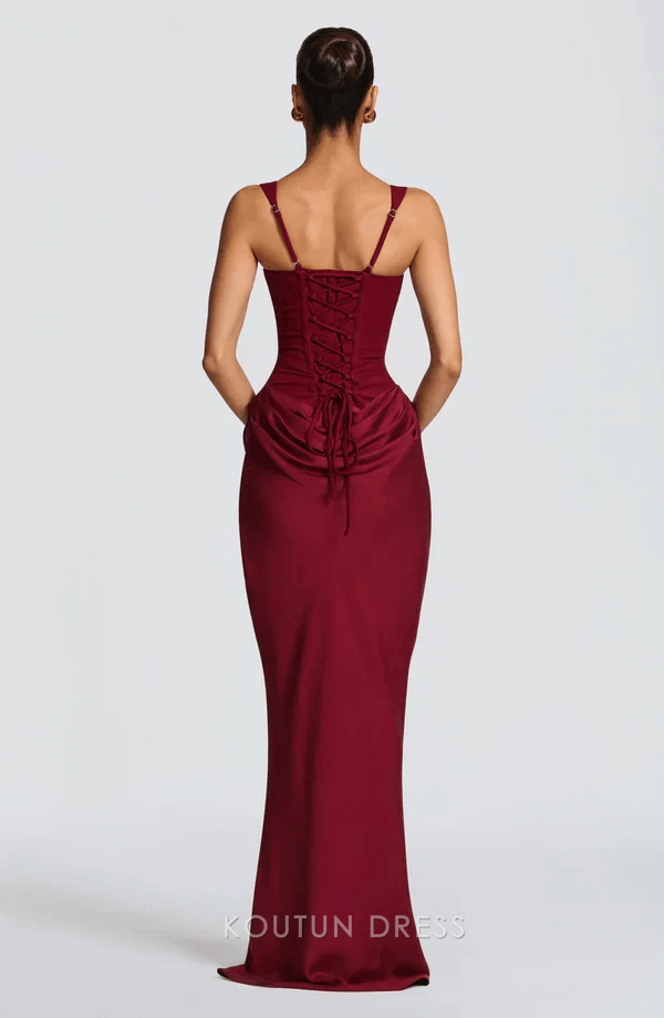 Elegant Sheath Square Neck Sleeveless Corset Draped Burgundy Floor-Length Prom Dress