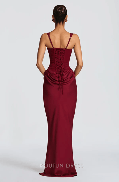 Elegant Sheath Square Neck Sleeveless Corset Draped Burgundy Floor-Length Prom Dress