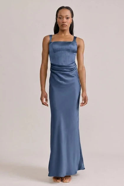 Elegant Sheath Square Neck Sleeveless Draped Indie Blue Floor-Length Bridesmaid Gown