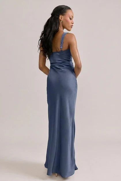 Elegant Sheath Square Neck Sleeveless Draped Indie Blue Floor-Length Bridesmaid Gown