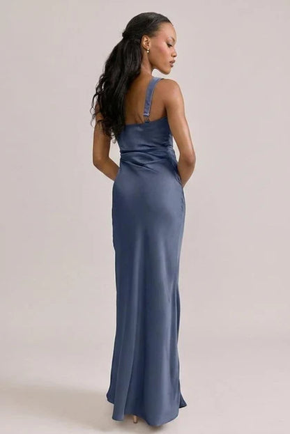 Elegant Sheath Square Neck Sleeveless Draped Indie Blue Floor-Length Bridesmaid Gown