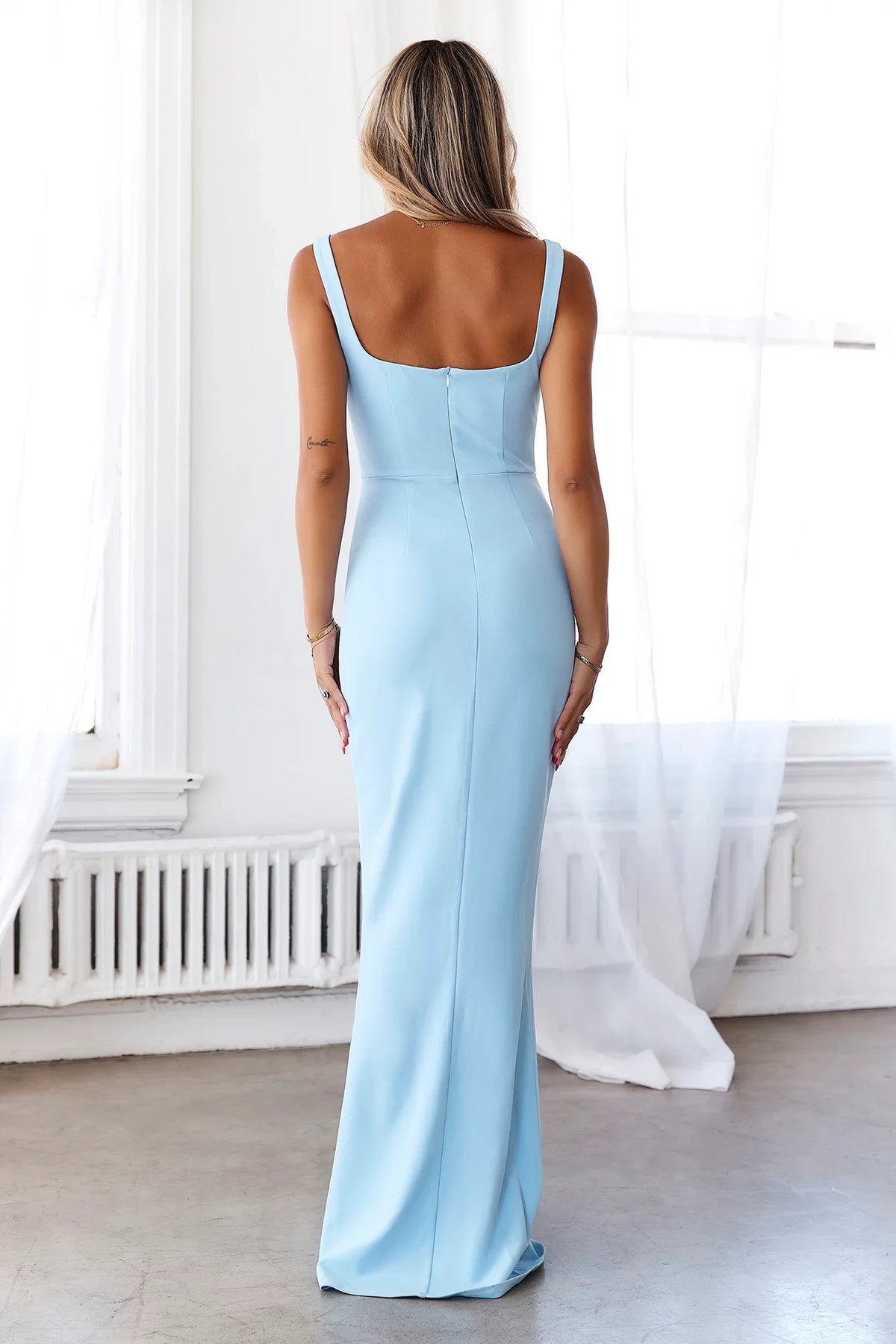 Elegant Sheath Square Neck Sleeveless High Slit Sky Blue Floor-Length Prom Gown
