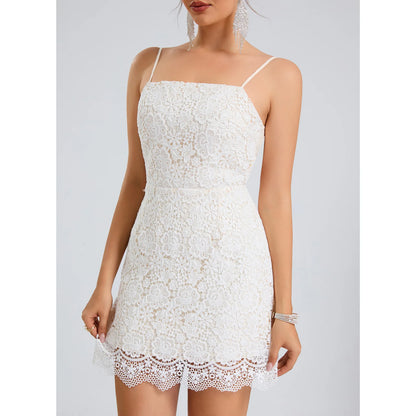 Elegant Sheath Square Neck Sleeveless Lace Overlay Back Bow White Short Homecoming Dress