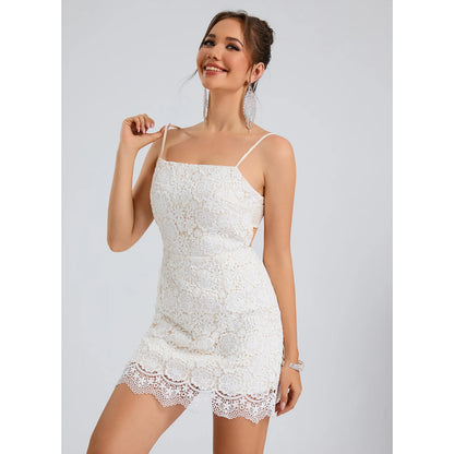 Elegant Sheath Square Neck Sleeveless Lace Overlay Back Bow White Short Homecoming Dress