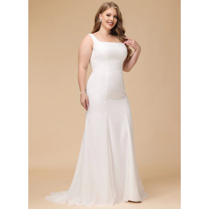Elegant Sheath Square Neck Sleeveless Minimalist White Floor-Length Wedding Dress For Women
