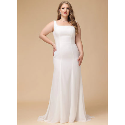 Elegant Sheath Square Neck Sleeveless Minimalist White Floor-Length Wedding Dress For Women
