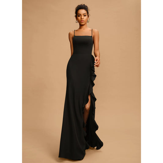 Elegant Sheath Square Neck Sleeveless Ruffled Slit Black Floor-Length Prom Gown