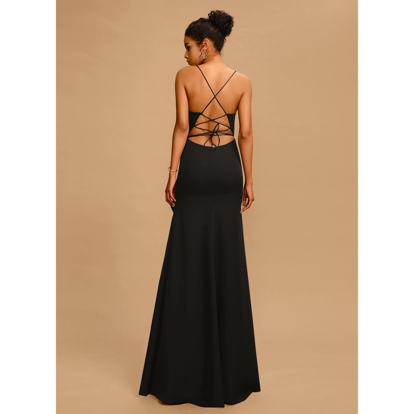 Elegant Sheath Square Neck Sleeveless Ruffled Slit Black Floor-Length Prom Gown