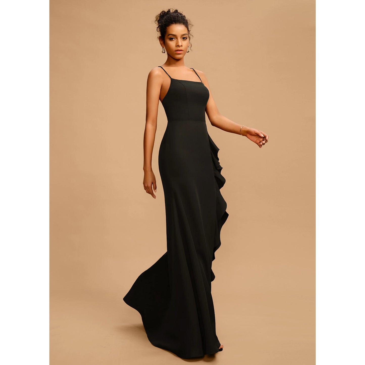 Elegant Sheath Square Neck Sleeveless Ruffled Slit Black Floor-Length Prom Gown