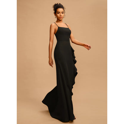 Elegant Sheath Square Neck Sleeveless Ruffled Slit Black Floor-Length Prom Gown