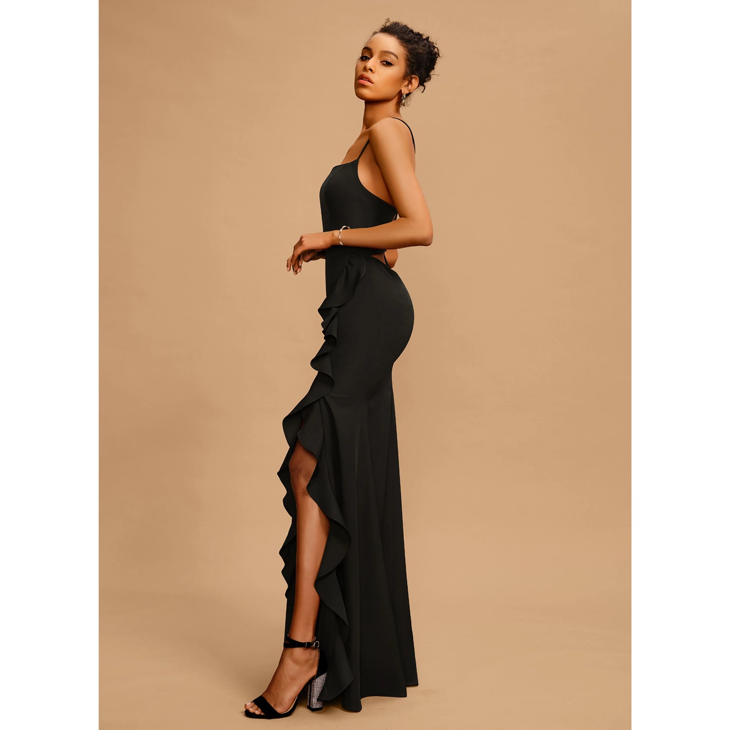Elegant Sheath Square Neck Sleeveless Ruffled Slit Black Floor-Length Prom Gown