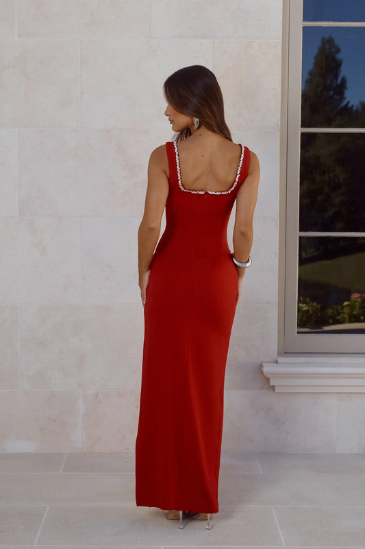 Elegant Sheath Square Neck Sleeveless Sparkly Slit Deep Red Maxi Prom Gown