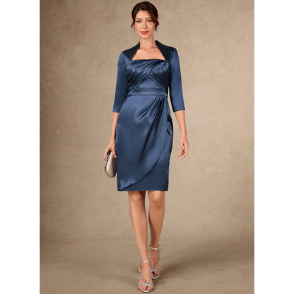 Elegant Sheath Square Neck Three-Quarter Sleeve Draped Navy Blue Knee-Length Mother of the Bride Dress