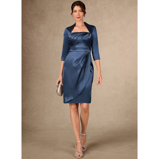 Elegant Sheath Square Neck Three-Quarter Sleeve Draped Navy Blue Knee-Length Mother of the Bride Dress