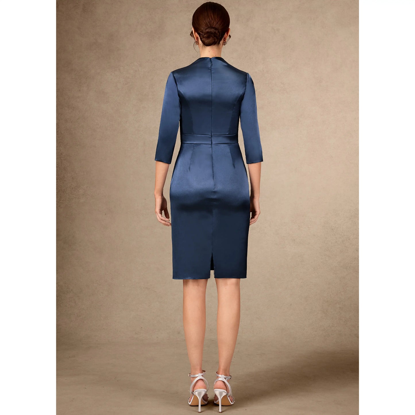 Elegant Sheath Square Neck Three-Quarter Sleeve Draped Navy Blue Knee-Length Mother of the Bride Dress