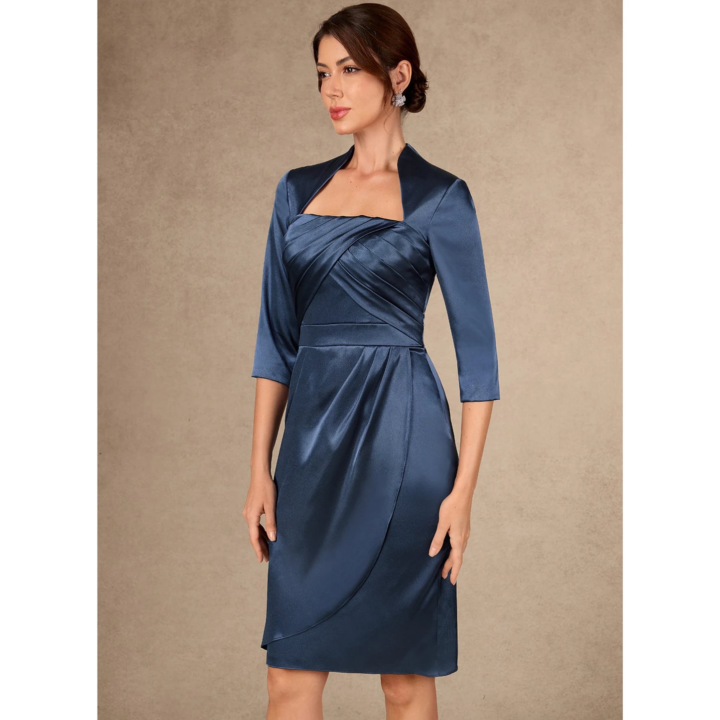 Elegant Sheath Square Neck Three-Quarter Sleeve Draped Navy Blue Knee-Length Mother of the Bride Dress