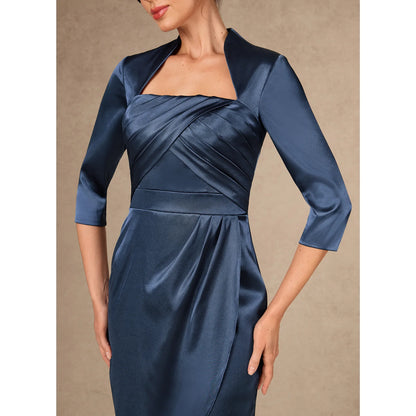 Elegant Sheath Square Neck Three-Quarter Sleeve Draped Navy Blue Knee-Length Mother of the Bride Dress
