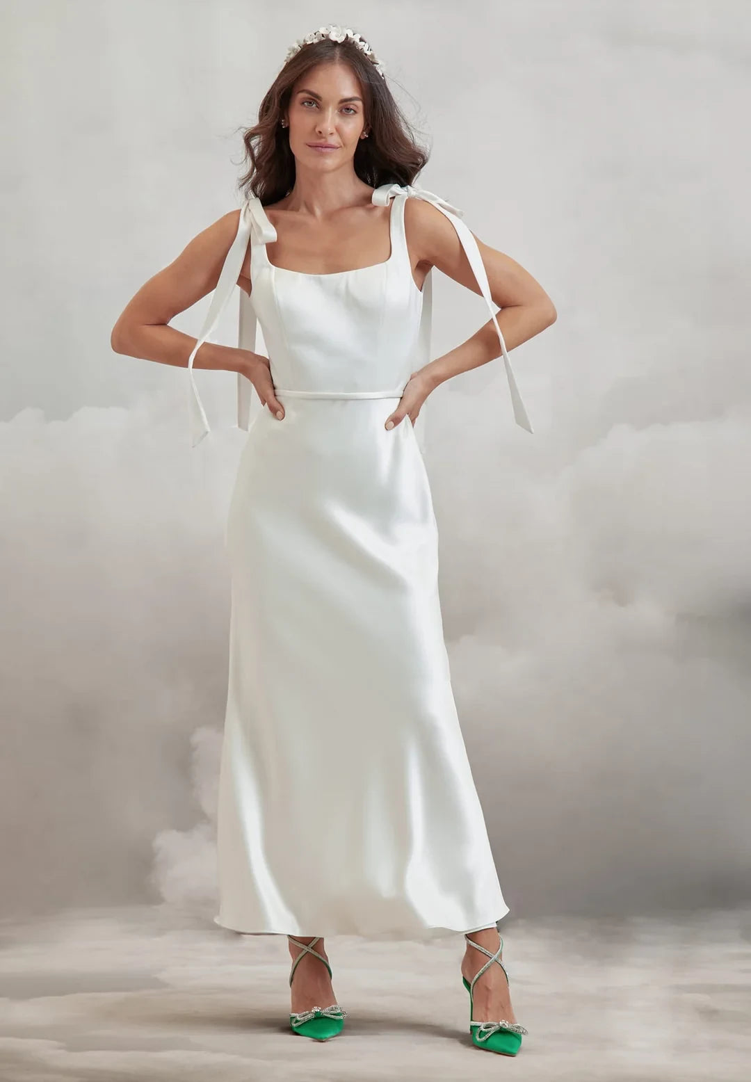 Elegant Sheath Square Neck Tie-Shoulder Backless Ivory Wedding Gown
