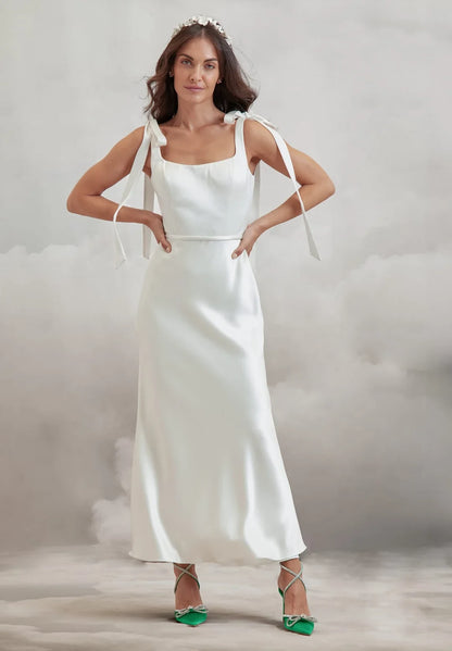 Elegant Sheath Square Neck Tie-Shoulder Backless Ivory Wedding Gown