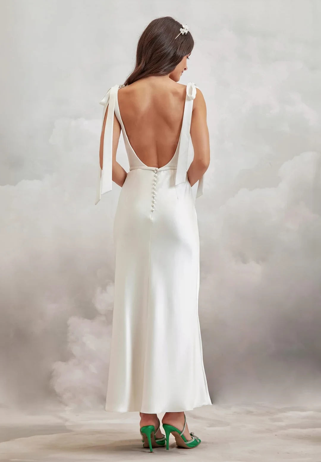 Elegant Sheath Square Neck Tie-Shoulder Backless Ivory Wedding Gown