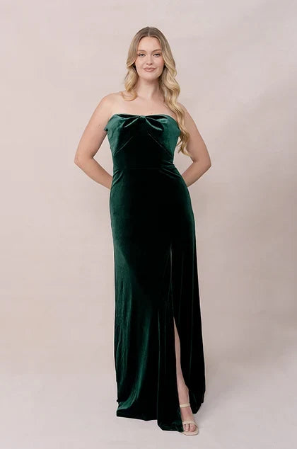 Elegant Sheath Strapless Bow Detail Forest Green Floor-Length Bridesmaid Dress Women's Gown