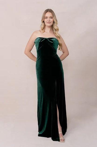 Elegant Sheath Strapless Bow Detail Forest Green Floor-Length Bridesmaid Dress Women's Gown