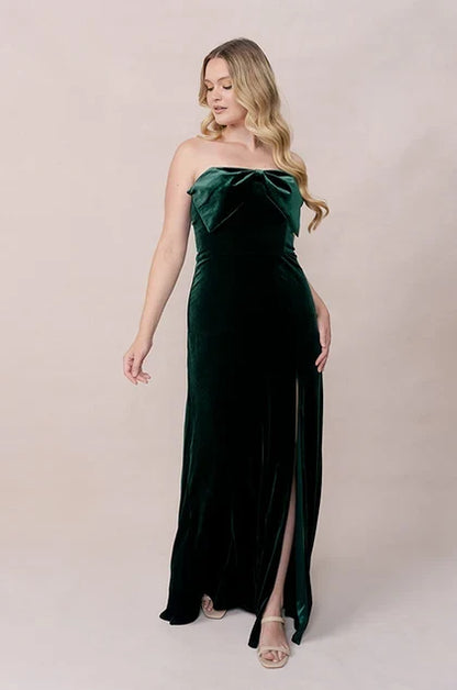 Elegant Sheath Strapless Bow Detail Forest Green Floor-Length Bridesmaid Dress Women's Gown
