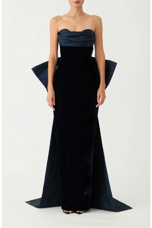 Elegant Sheath Strapless Cowl Bow Navy Blue Floor-Length Mother of the Bride Gown