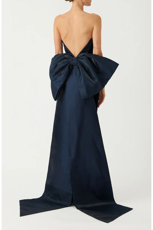 Elegant Sheath Strapless Cowl Bow Navy Blue Floor-Length Mother of the Bride Gown