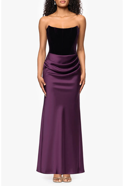 Elegant Sheath Strapless Draped Plum Floor-Length Mother of the Bride Dress Women's Gown