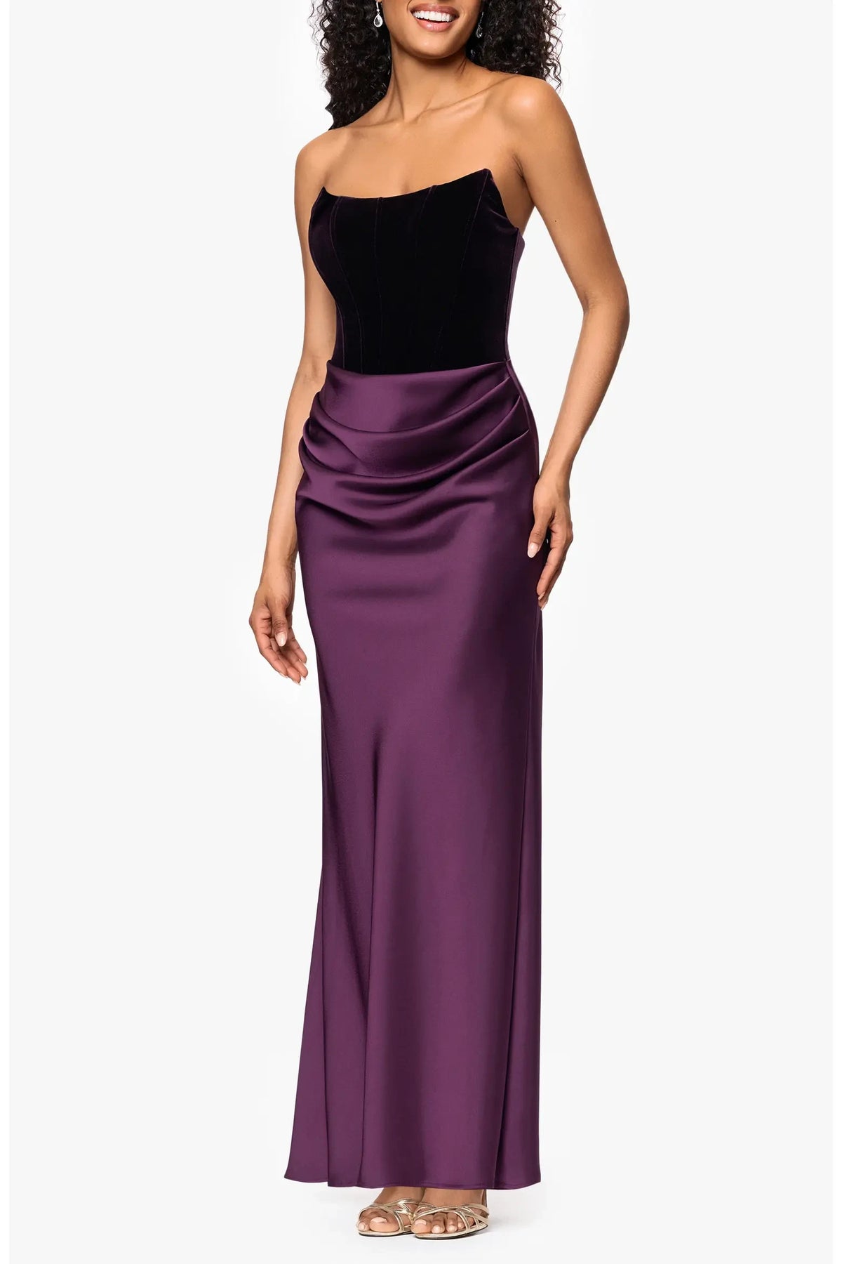 Elegant Sheath Strapless Draped Plum Floor-Length Mother of the Bride Dress Women's Gown