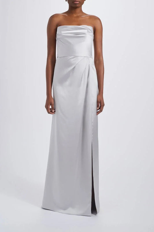Elegant Sheath Strapless Draped Slit Silver Floor-Length Bridesmaid Dress Women's Gown