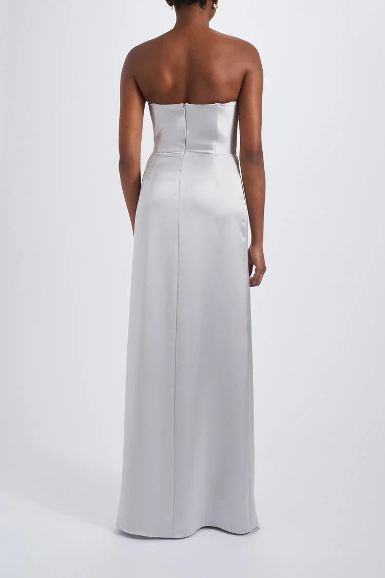 Elegant Sheath Strapless Draped Slit Silver Floor-Length Bridesmaid Dress Women's Gown