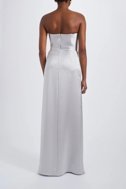 Elegant Sheath Strapless Draped Slit Silver Floor-Length Bridesmaid Dress Women's Gown