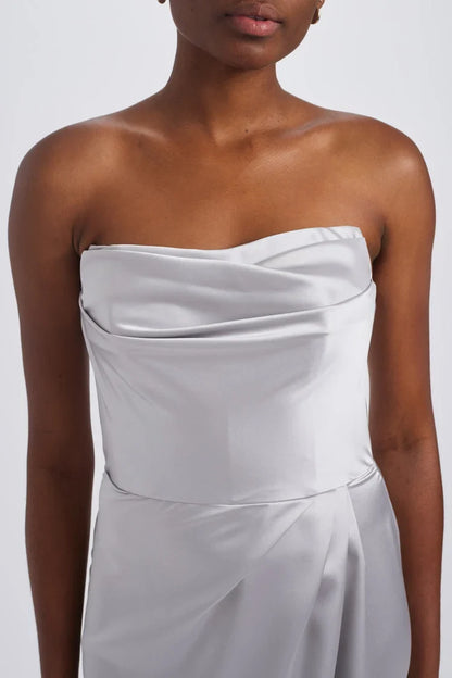 Elegant Sheath Strapless Draped Slit Silver Floor-Length Bridesmaid Dress Women's Gown