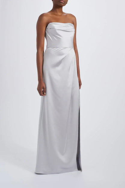 Elegant Sheath Strapless Draped Slit Silver Floor-Length Bridesmaid Dress Women's Gown