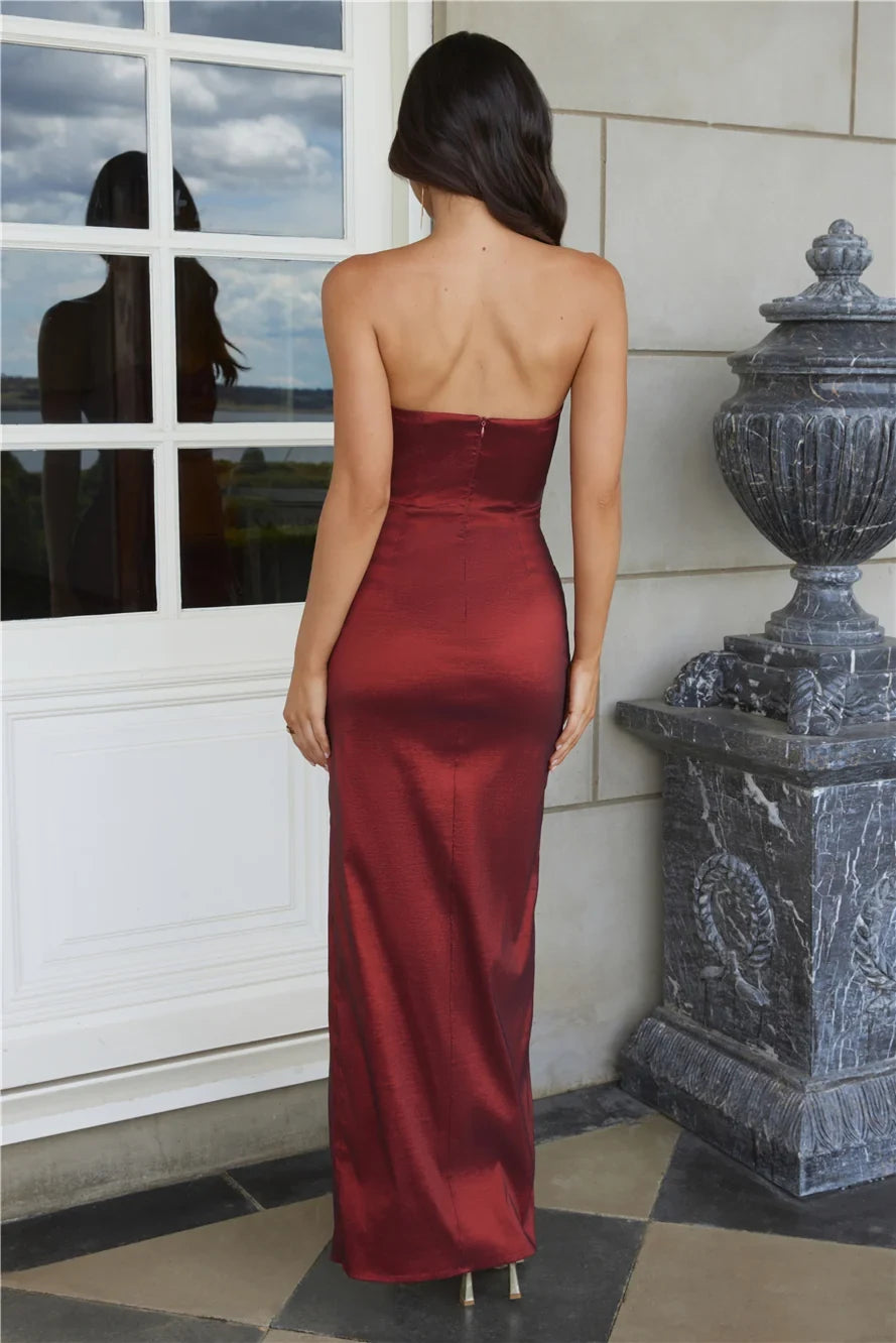 Elegant Sheath Strapless Draped Slit Wine Red Floor-Length Prom Dress for Women