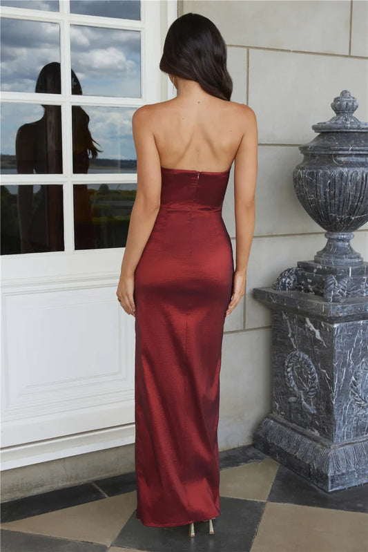 Elegant Sheath Strapless Draped Slit Wine Red Floor-Length Prom Dress for Women