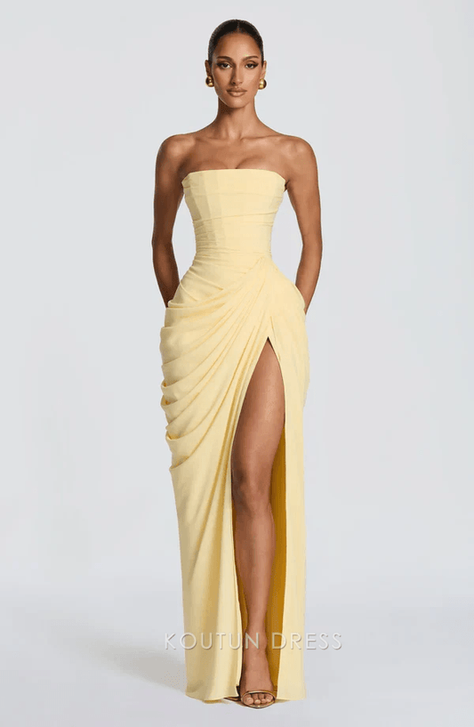 Elegant Sheath Strapless High Slit Ruched Pale Yellow Floor-Length Prom Dress