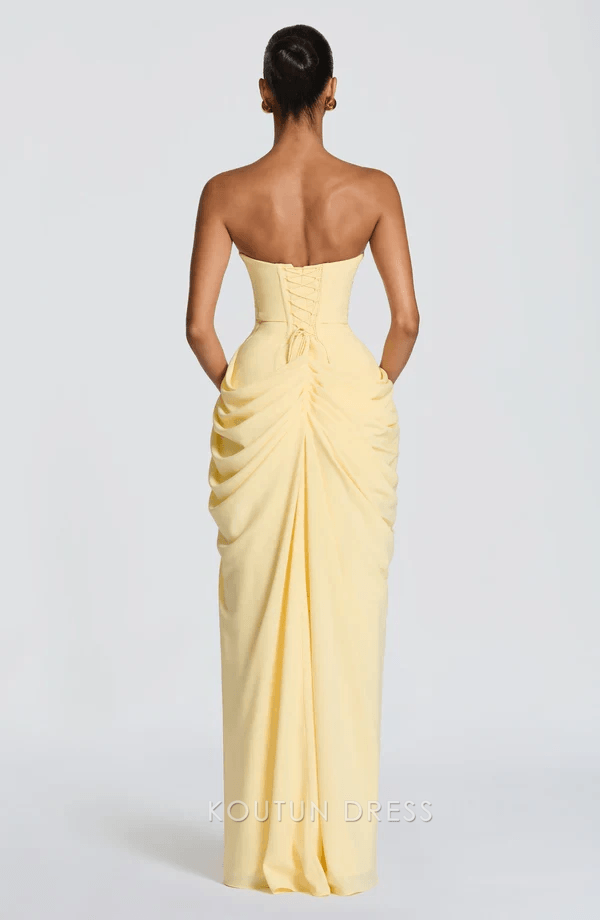Elegant Sheath Strapless High Slit Ruched Pale Yellow Floor-Length Prom Dress