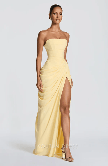 Elegant Sheath Strapless High Slit Ruched Pale Yellow Floor-Length Prom Dress