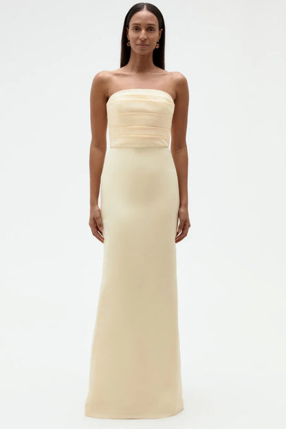 Elegant Sheath Strapless Pleated Bodice Pale Yellow Floor-Length Bridesmaid Gown