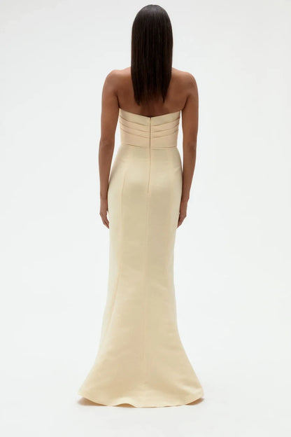 Elegant Sheath Strapless Pleated Bodice Pale Yellow Floor-Length Bridesmaid Gown