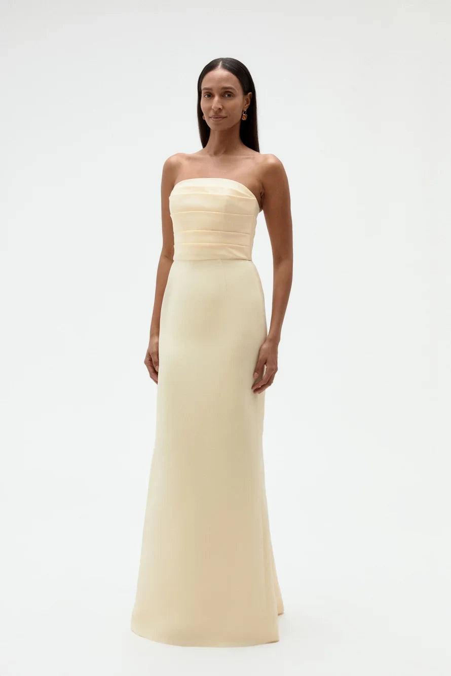 Elegant Sheath Strapless Pleated Bodice Pale Yellow Floor-Length Bridesmaid Gown