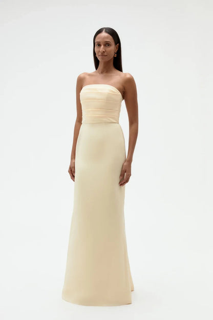 Elegant Sheath Strapless Pleated Bodice Pale Yellow Floor-Length Bridesmaid Gown
