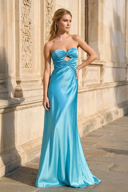 Elegant Sheath Strapless Ruched Cutout Bow Back Aqua Blue Floor-Length Evening Gown