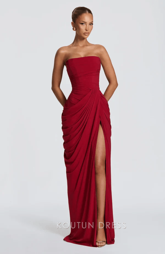 Elegant Sheath Strapless Ruched High-Slit Deep Red Floor-Length Prom Dress Gown